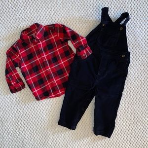 Baby button up plaid overalls set